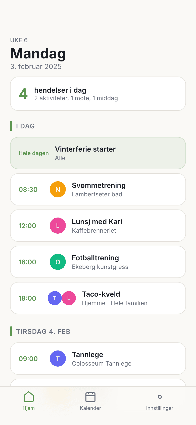 Dagens oversikt med hendelser