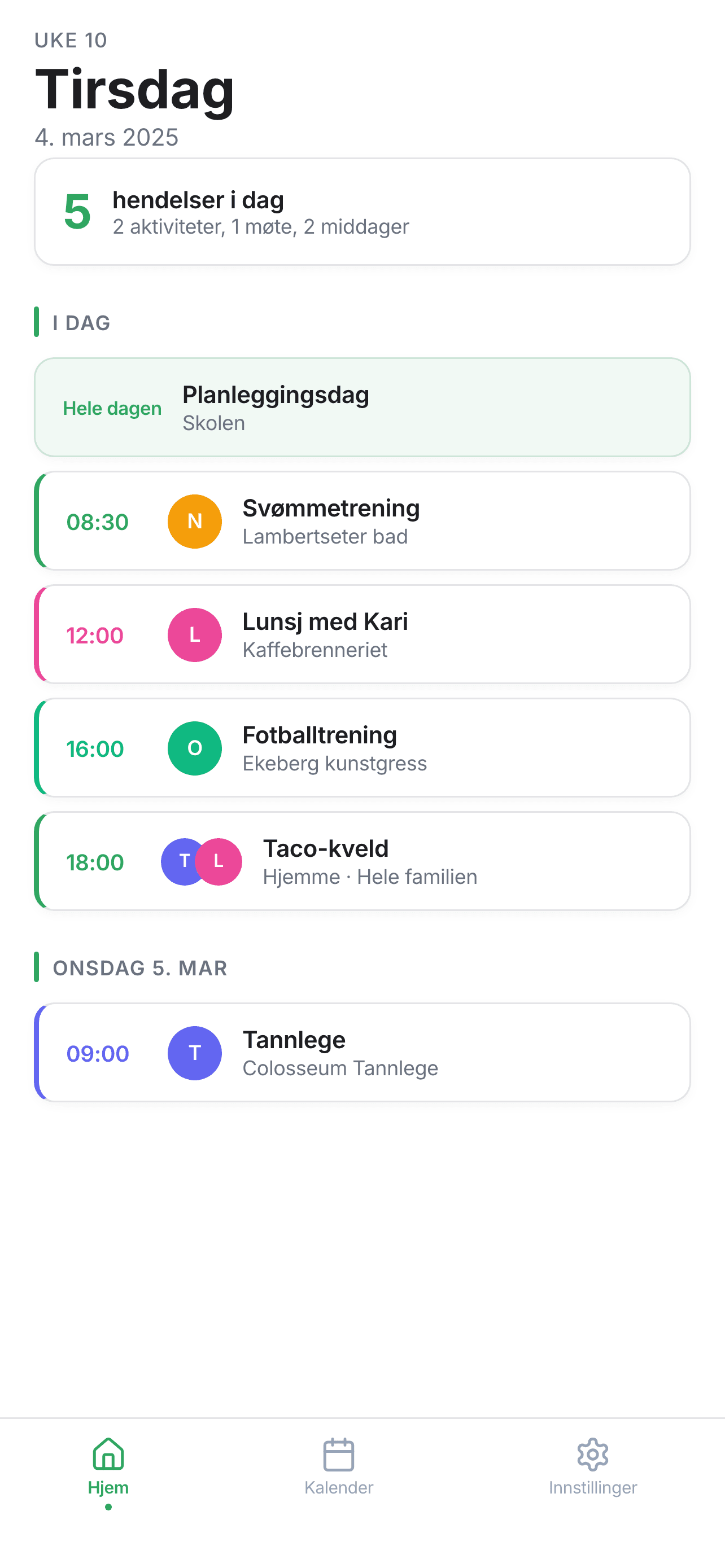 Dagens oversikt med hendelser
