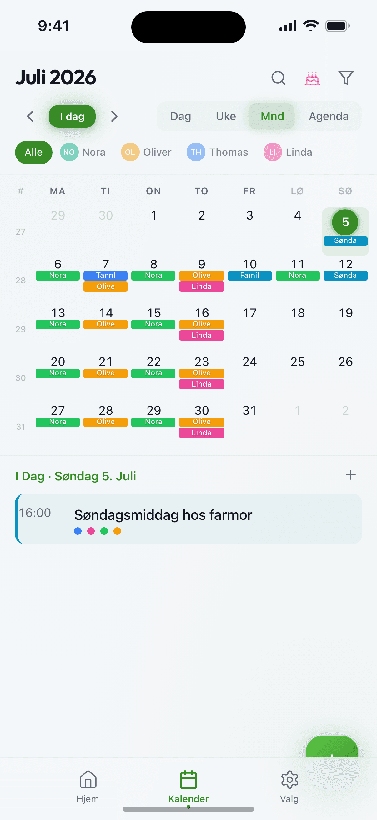 Månedsvisning med familiens aktiviteter