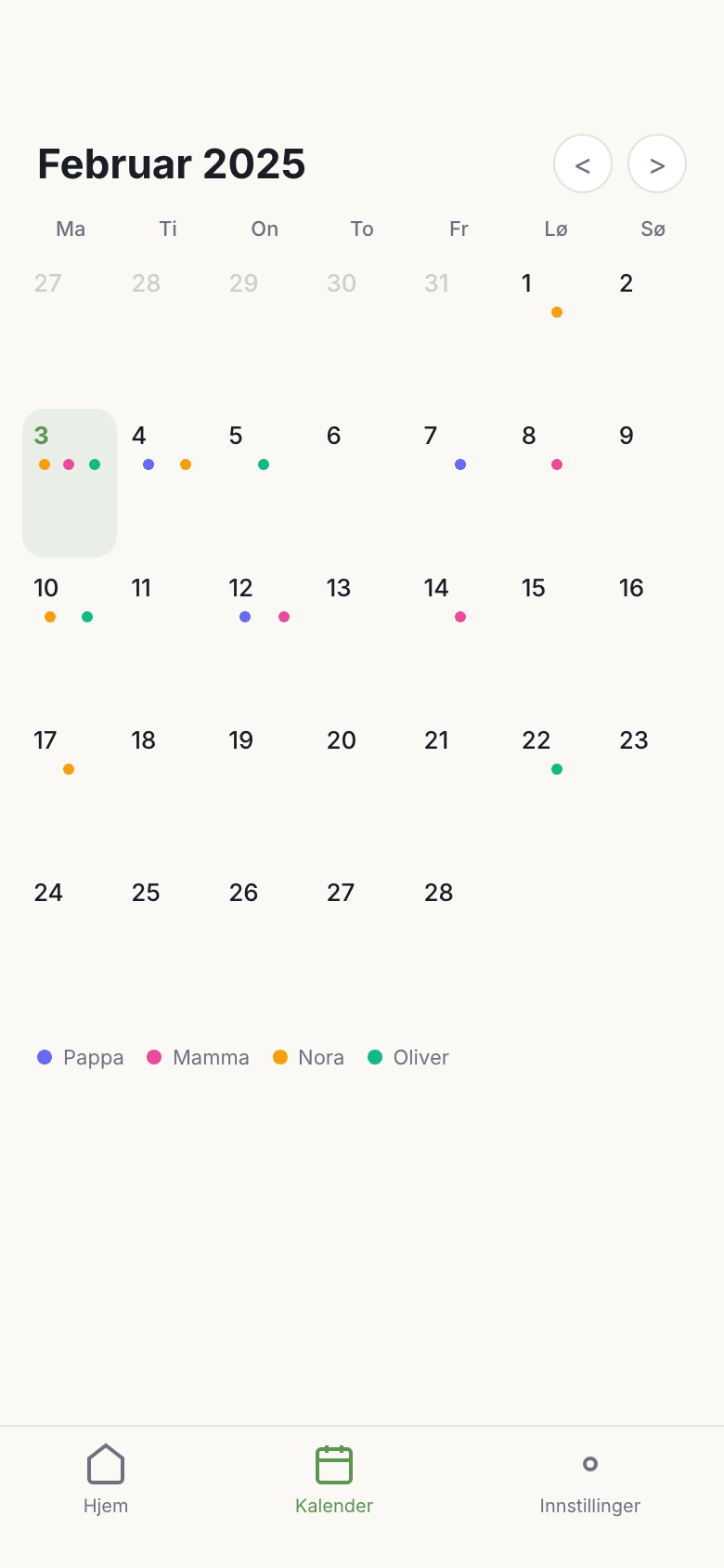 Månedsvisning med fargelagte hendelser