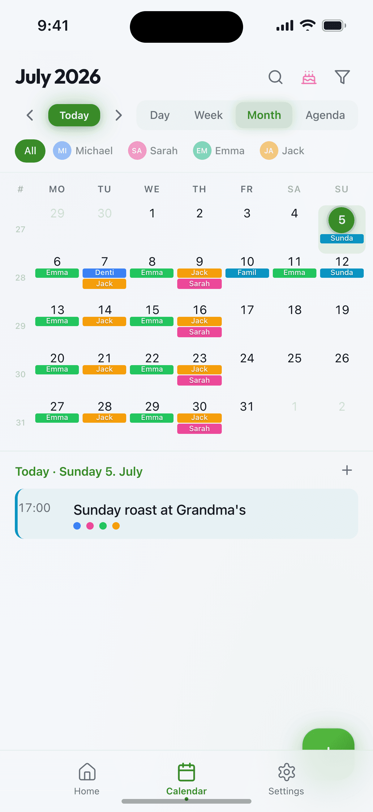 Month view with the family's activities