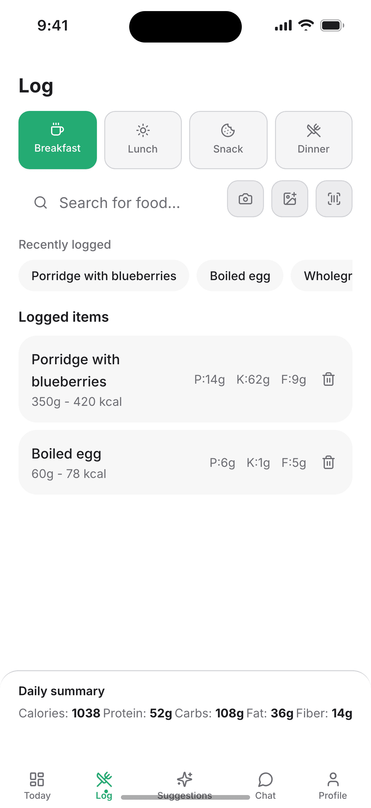 Log meals with search, photo or barcode