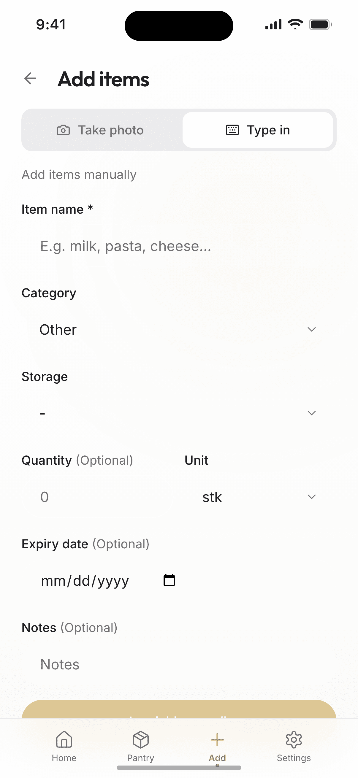 Add items with camera or manually