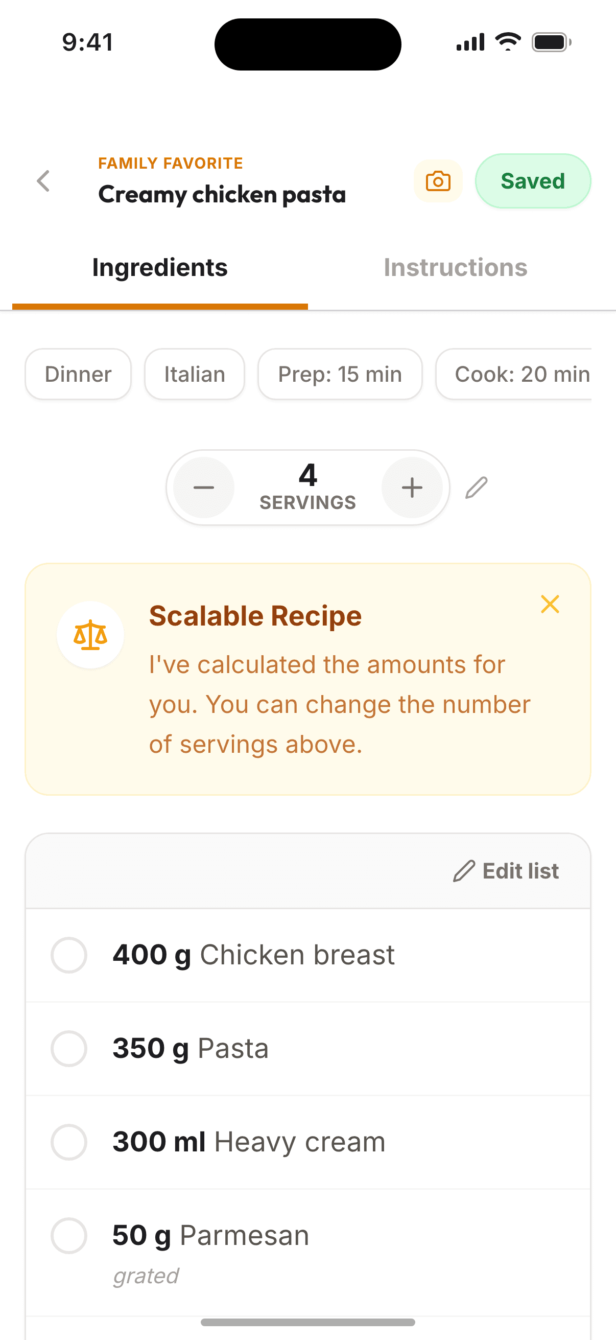 Recipe with scalable servings