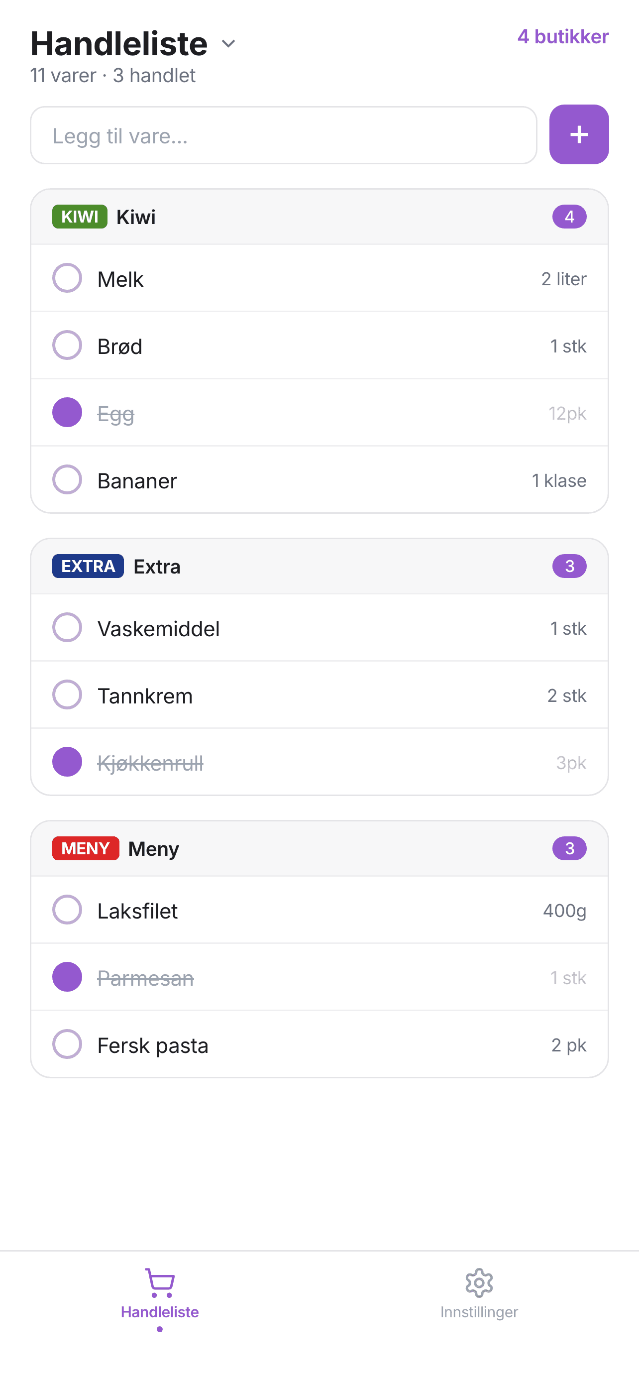 Handleliste sortert per butikk
