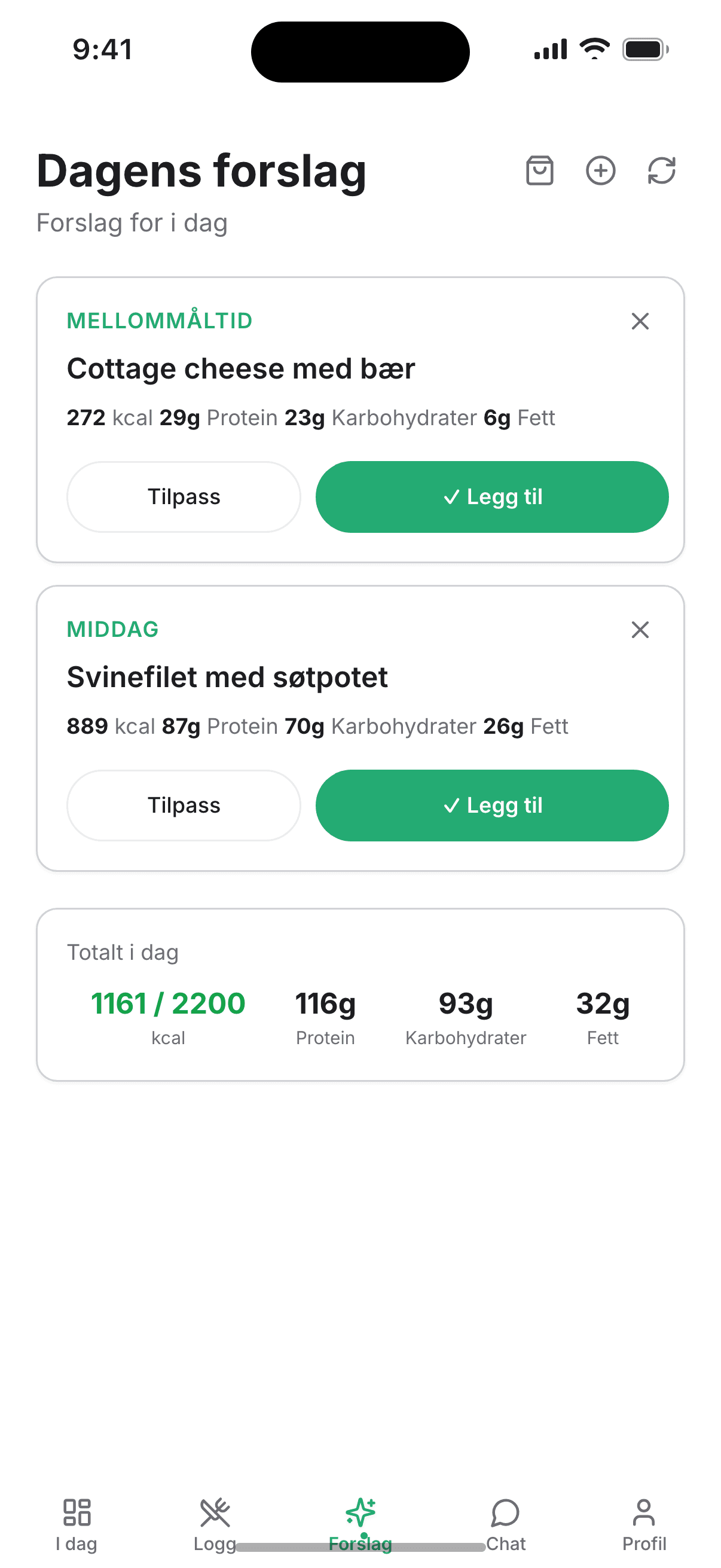 Måltidsforslag med mulighet for å bytte ingredienser