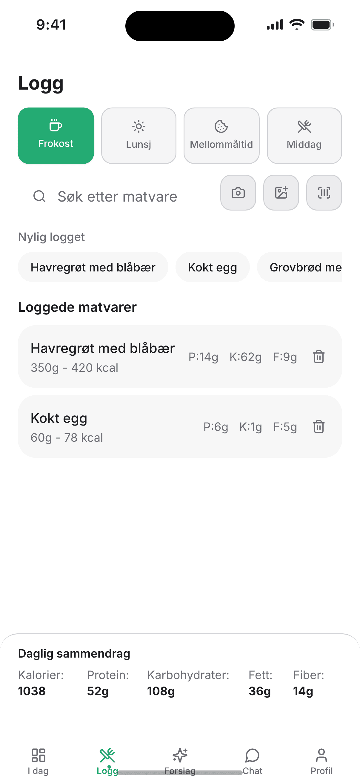 Logg måltider med søk, bilde eller strekkode