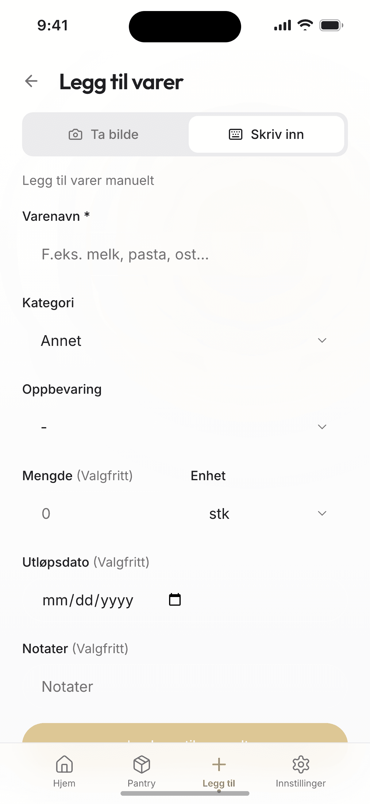 Legg til varer med kamera eller manuelt