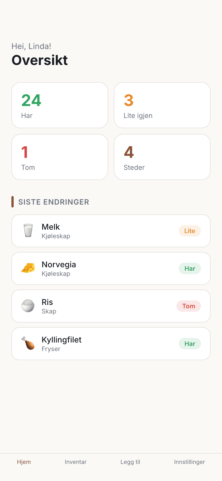 Pantr hjemskjerm med oversikt over varer
