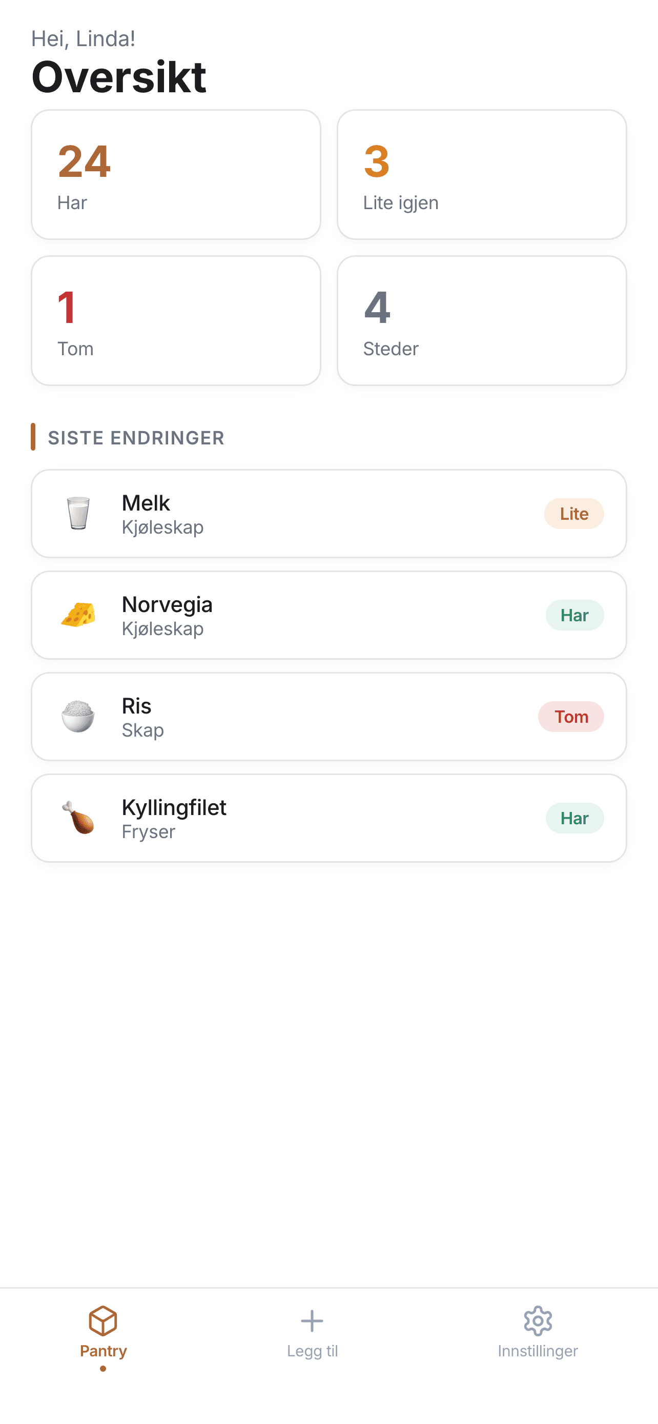 Pantr hjemskjerm med oversikt over varer