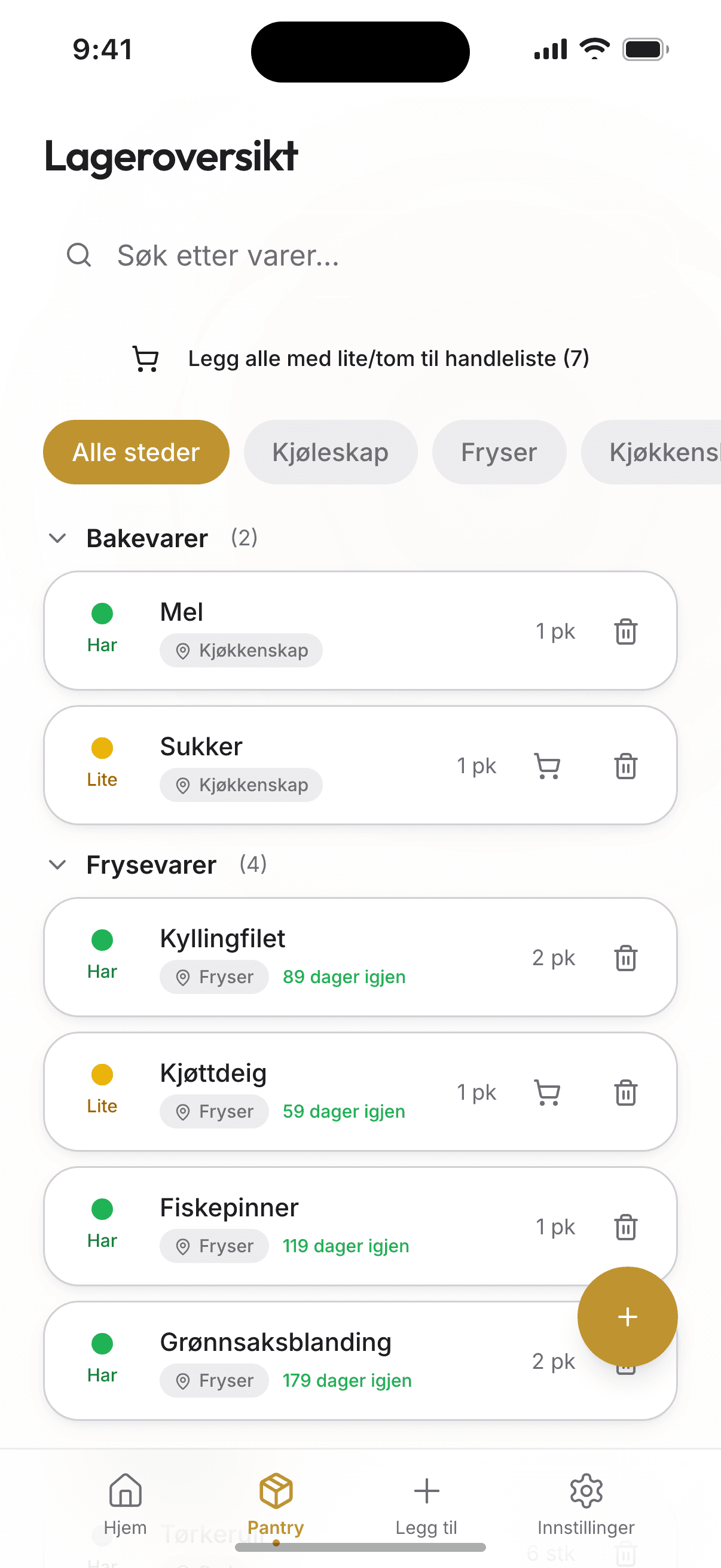 Lageroversikt med status og handleliste-knapp