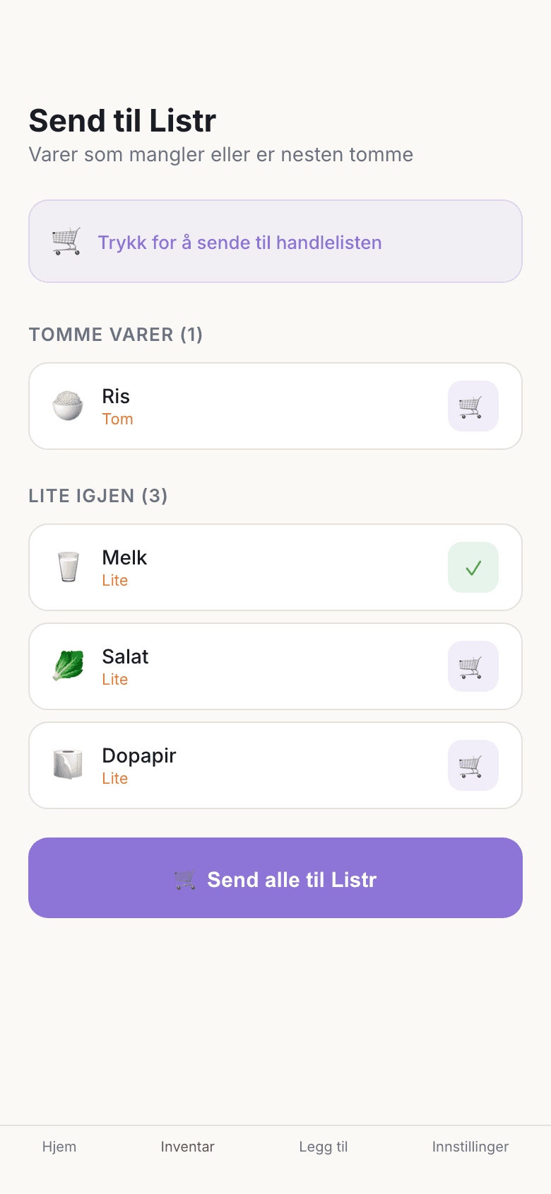 Send tomme varer til handlelisten