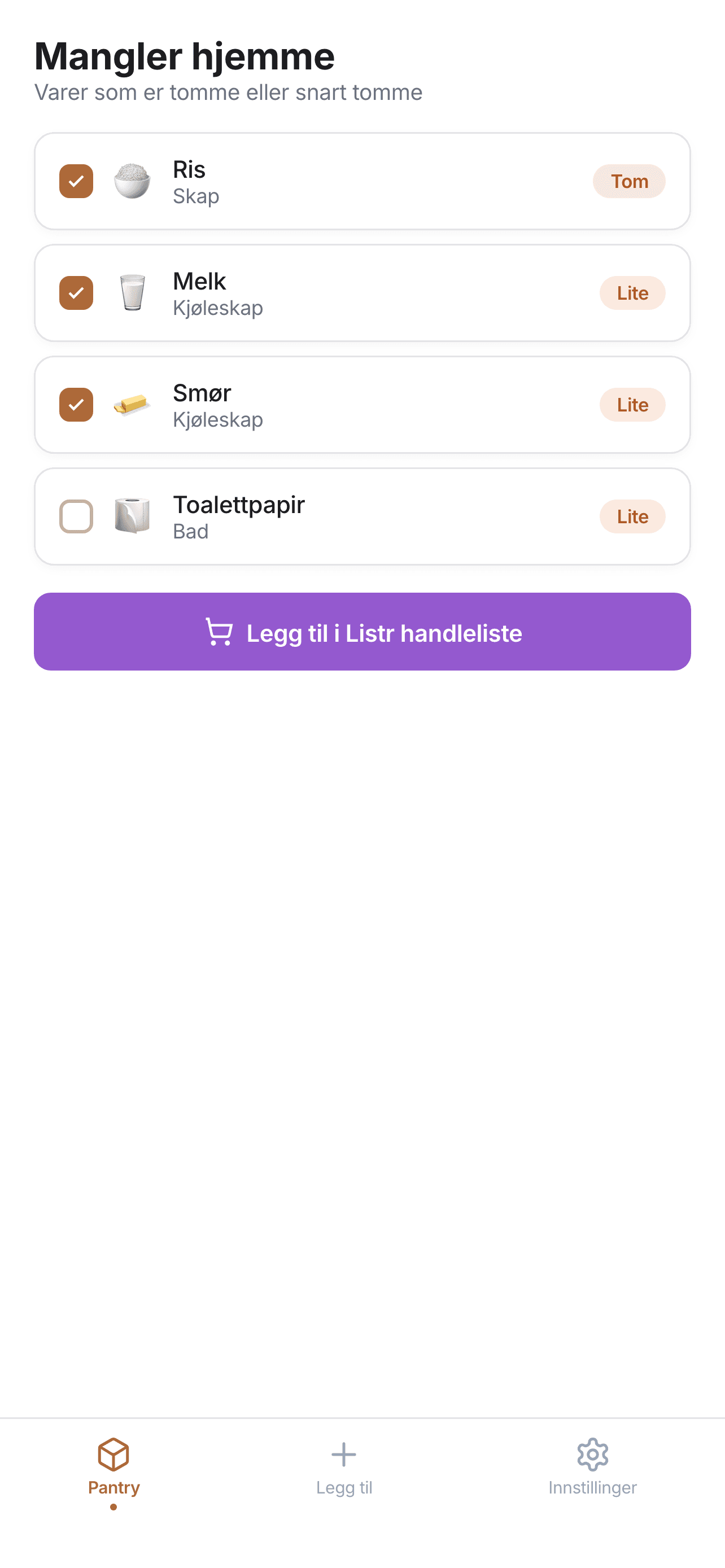 Send tomme varer til handlelisten