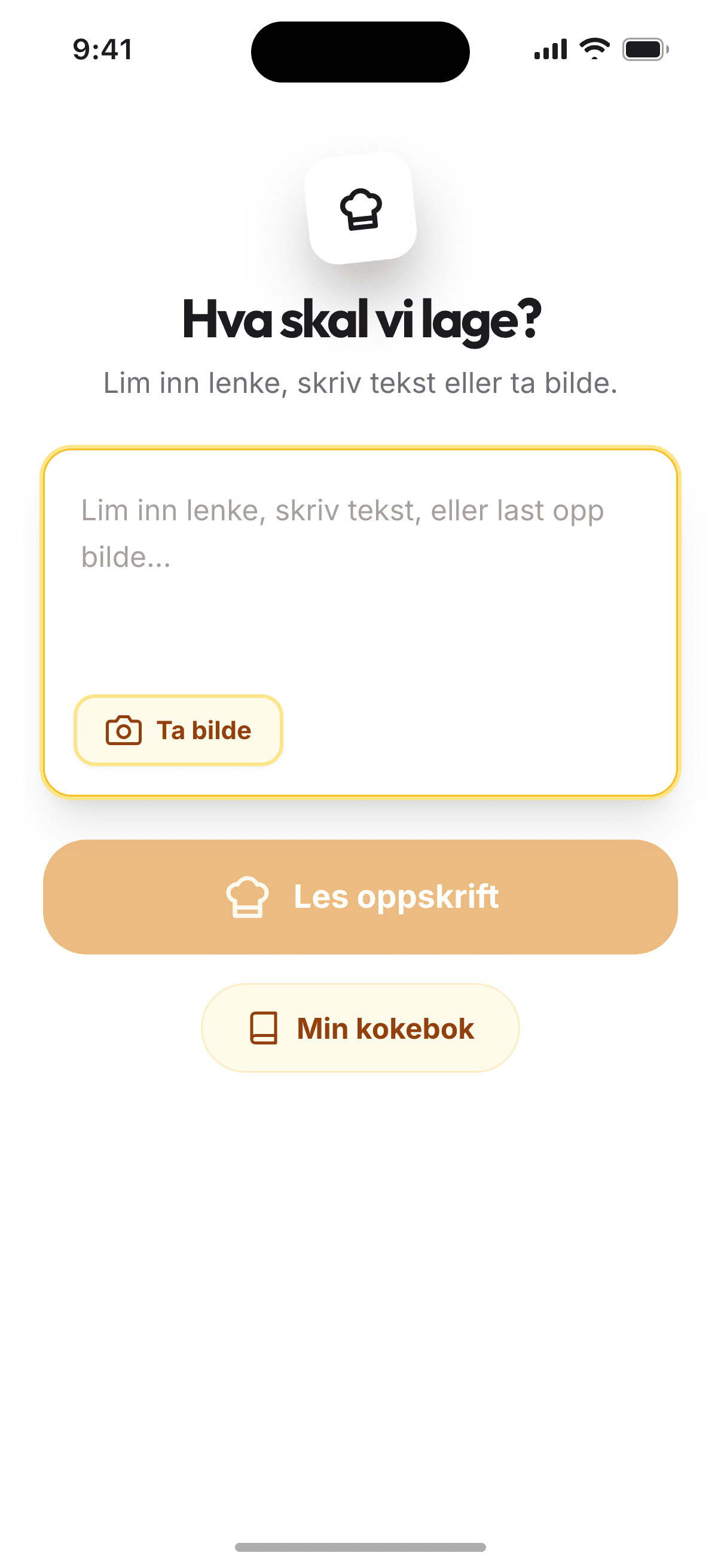 Legg til oppskrift med tekst, bilde eller lenke