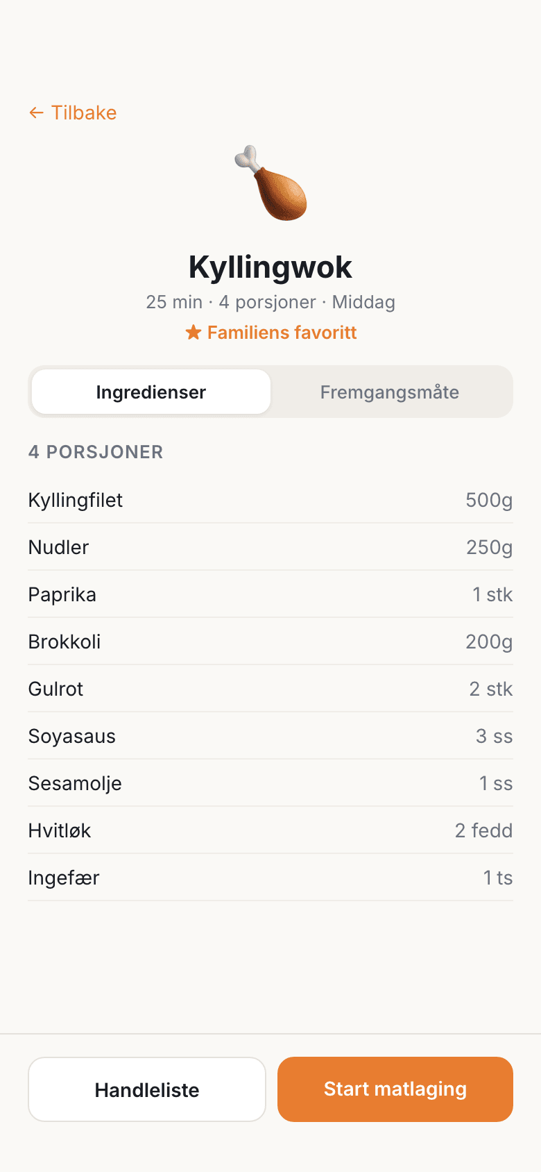 Oppskrift med ingredienser
