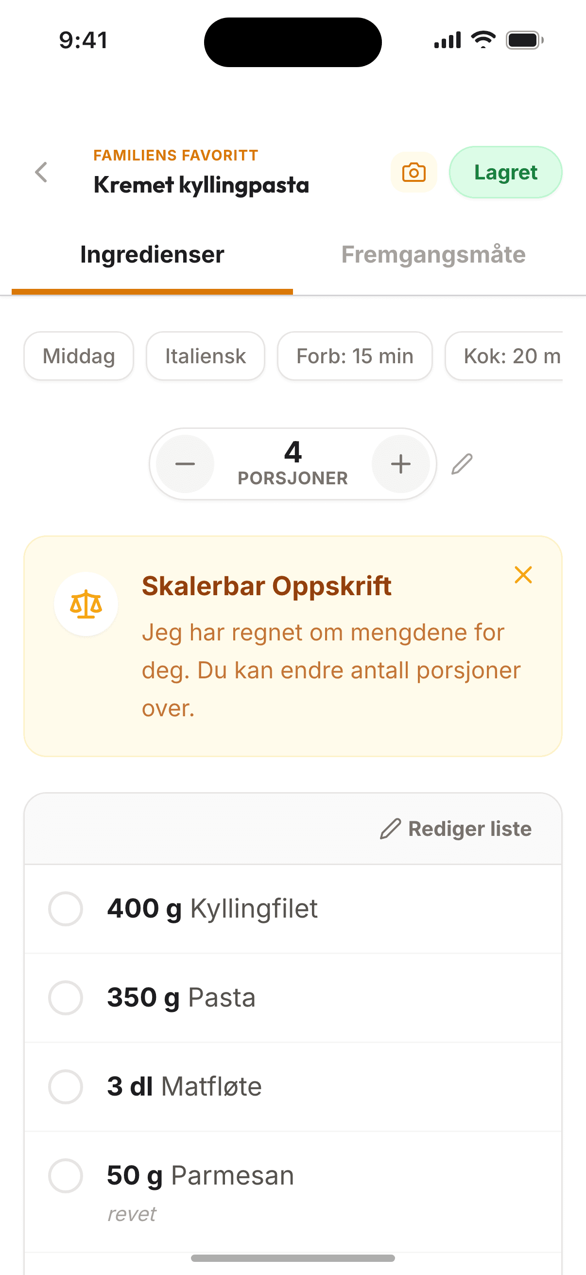 Oppskrift med skalerbare porsjoner