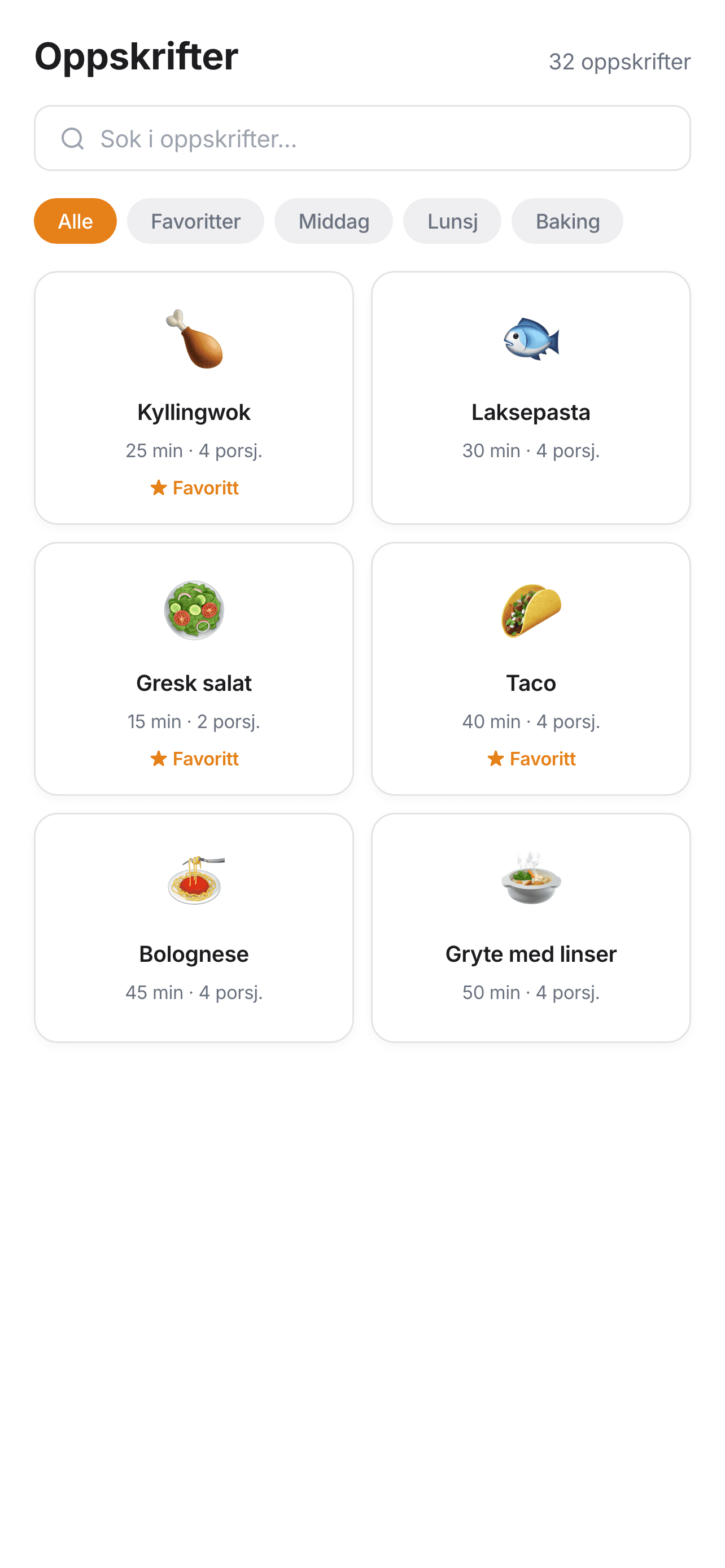 Oppskrift med ingredienser