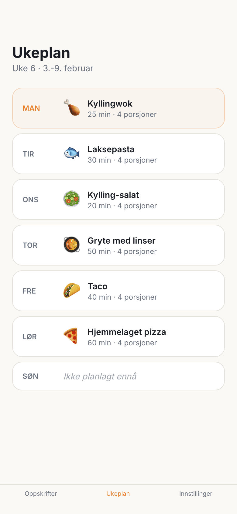 Ukeplan for middager