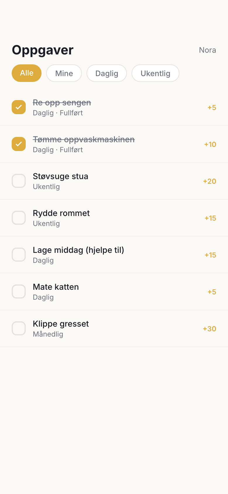 Oppgaveliste med poeng og status