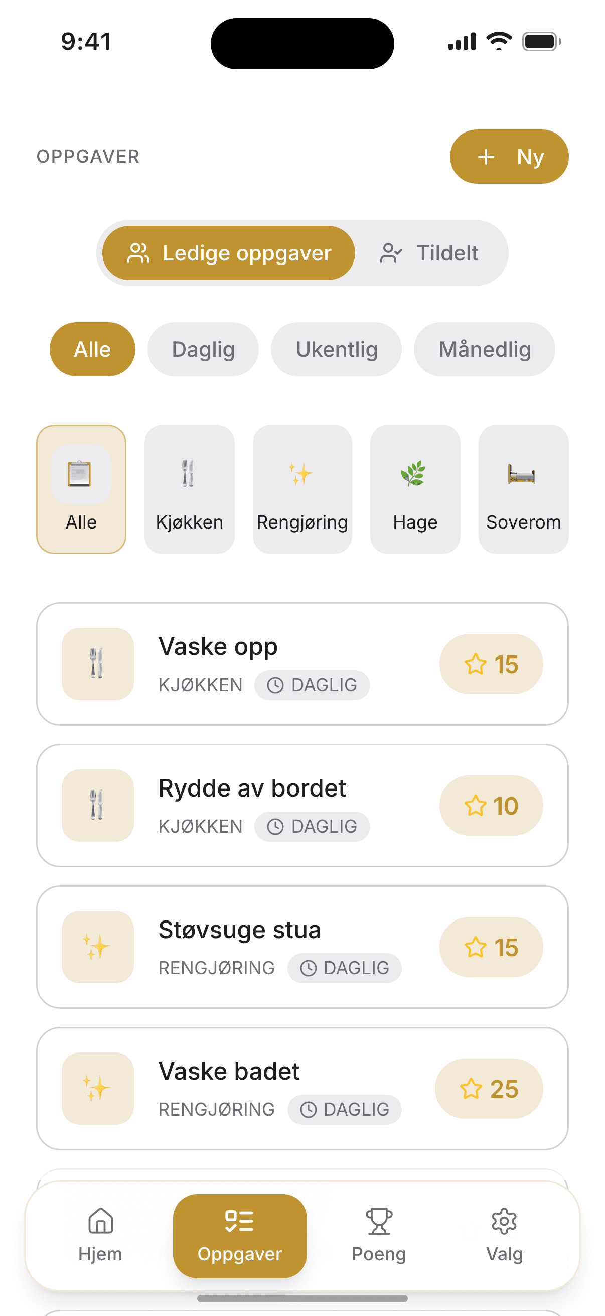 Oppgaveliste med poeng og status