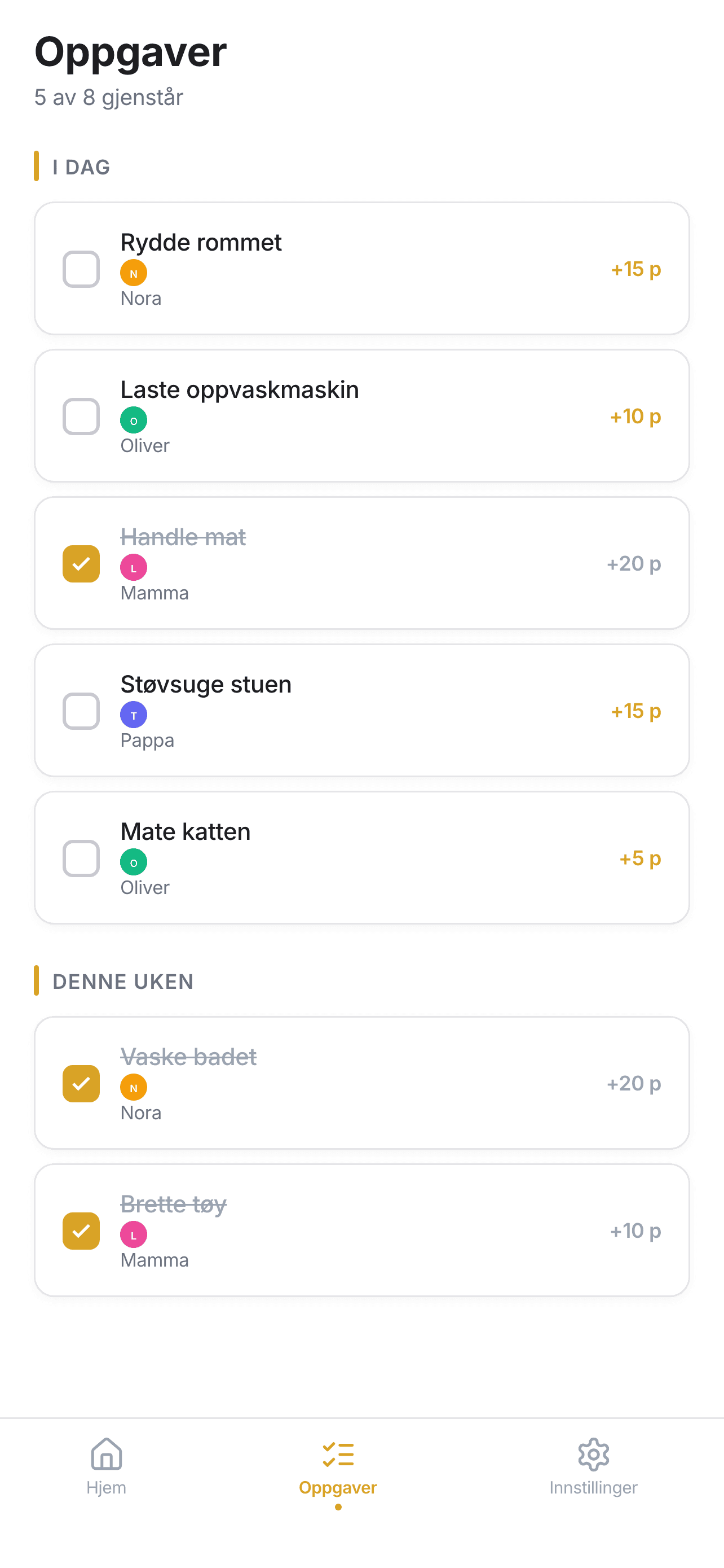 Oppgaveliste med poeng og status